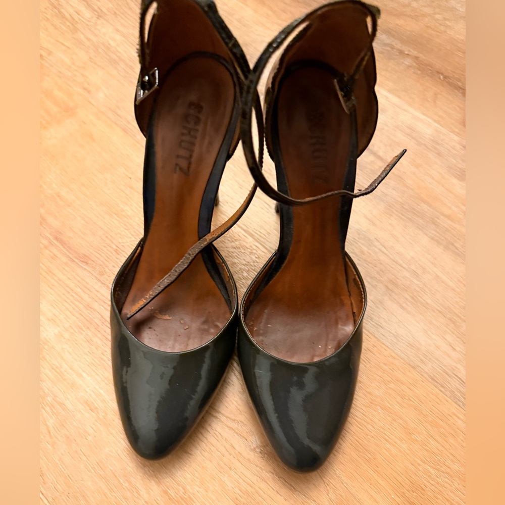 SCHUTZ Black Patent Pointed-Toe Ankle-Strap Heels